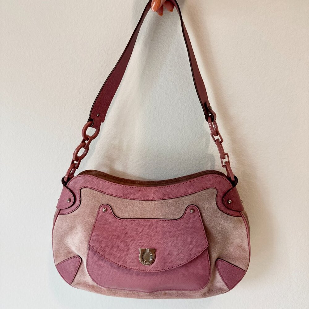 Preloved Salvatore Ferragamo Pink Suede and Leather Shoulder Bag